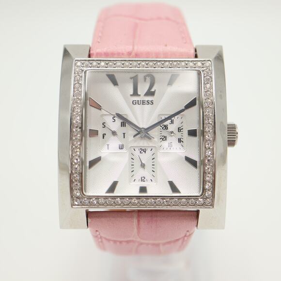 Guess X Elle Silver Tone Square Date Date 28mm Watch Y2K Gem Bezel Pink Leather - Picture 5 of 16